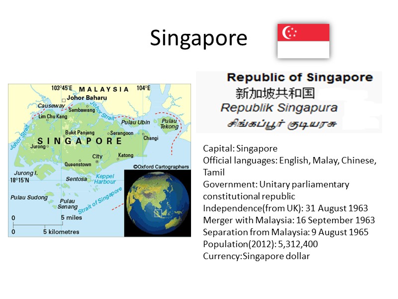 Singapore  Capital: Singapore Official languages: English, Malay, Chinese, Tamil Government: Unitary parliamentary constitutional